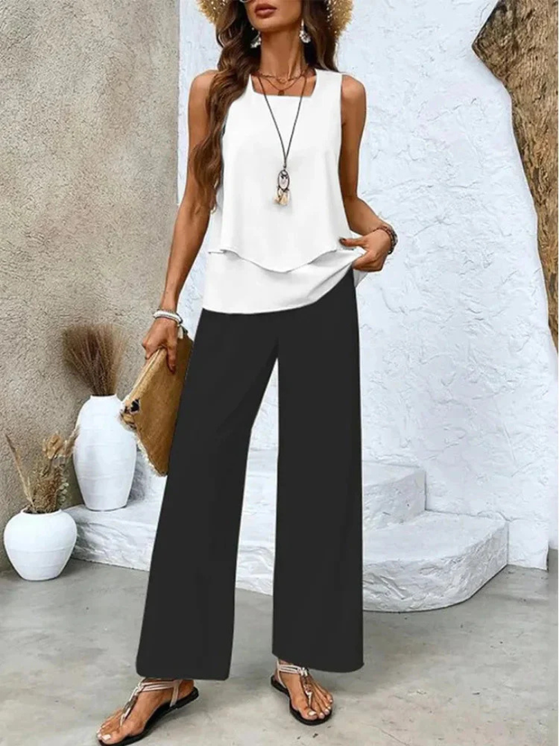 Women's Sleeveless Top And Wide-Leg Pants Set in Black/White