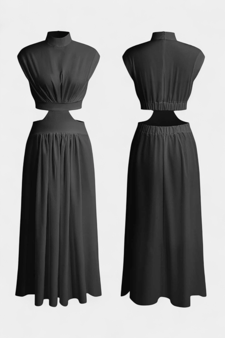 High-Neck Top & Side-Slit Skirt Set in Black