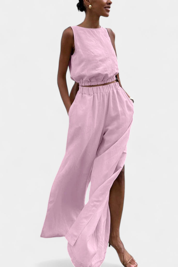 Sleeveless Cotton-Linen Wide-Leg Set in Pink