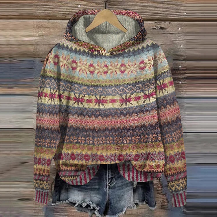 Women's Retro Boho-Pattern Sweatshirt in Brown