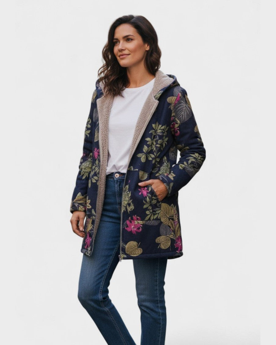 Women's Navy Floral Fleece Coat, photo 2