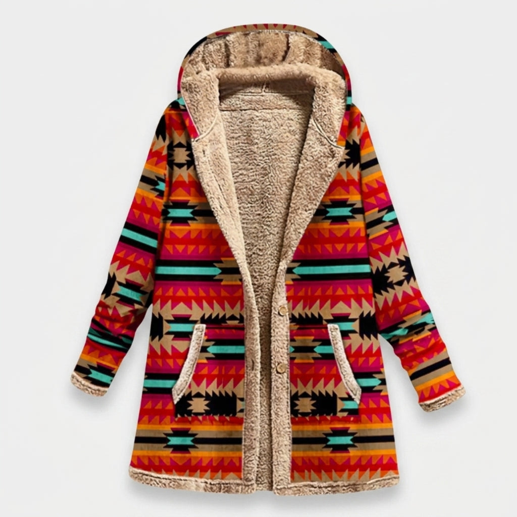 Women's Orange Aztec Hooded Fleece Coat