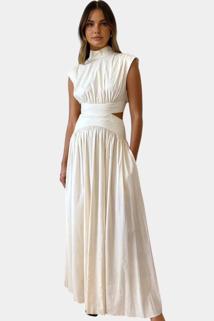 High-Neck Top & Side-Slit Skirt Set in White
