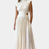 High-Neck Top & Side-Slit Skirt Set in White