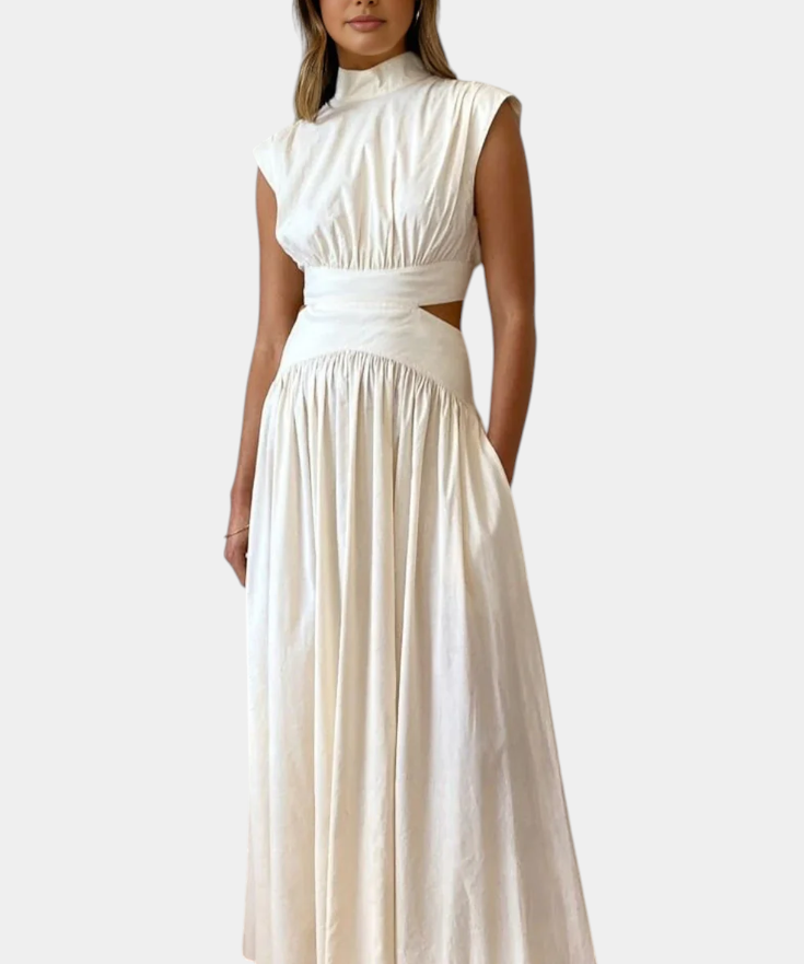 High-Neck Top & Side-Slit Skirt Set in White