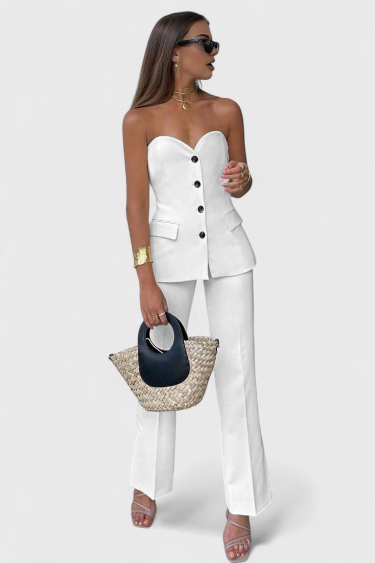 Sleeveless Minimalist Ensemble with Flared Pants in White