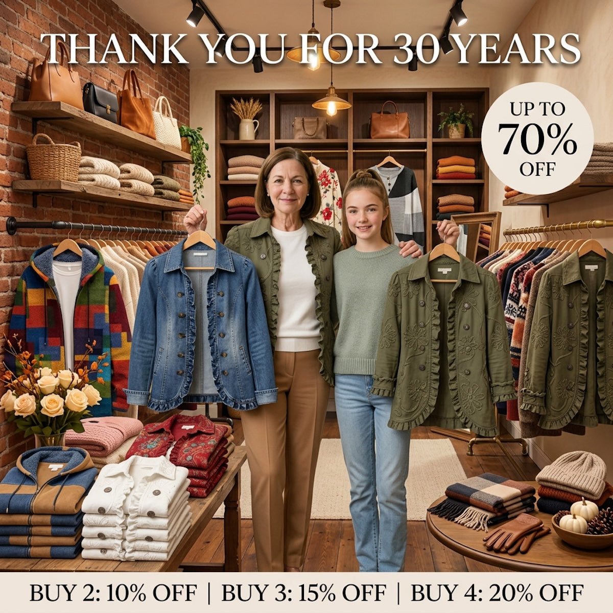 American Jackets Edit banner: two women holding a plaid shirt jacket and a paisley-print jacket in a boutique