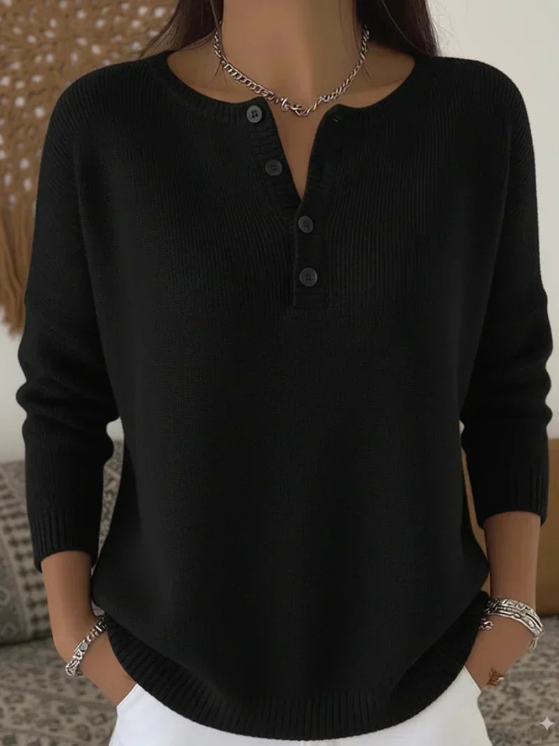 Women's Henley Button Knit Sweater in Black
