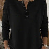 Women's Henley Button Knit Sweater in Black