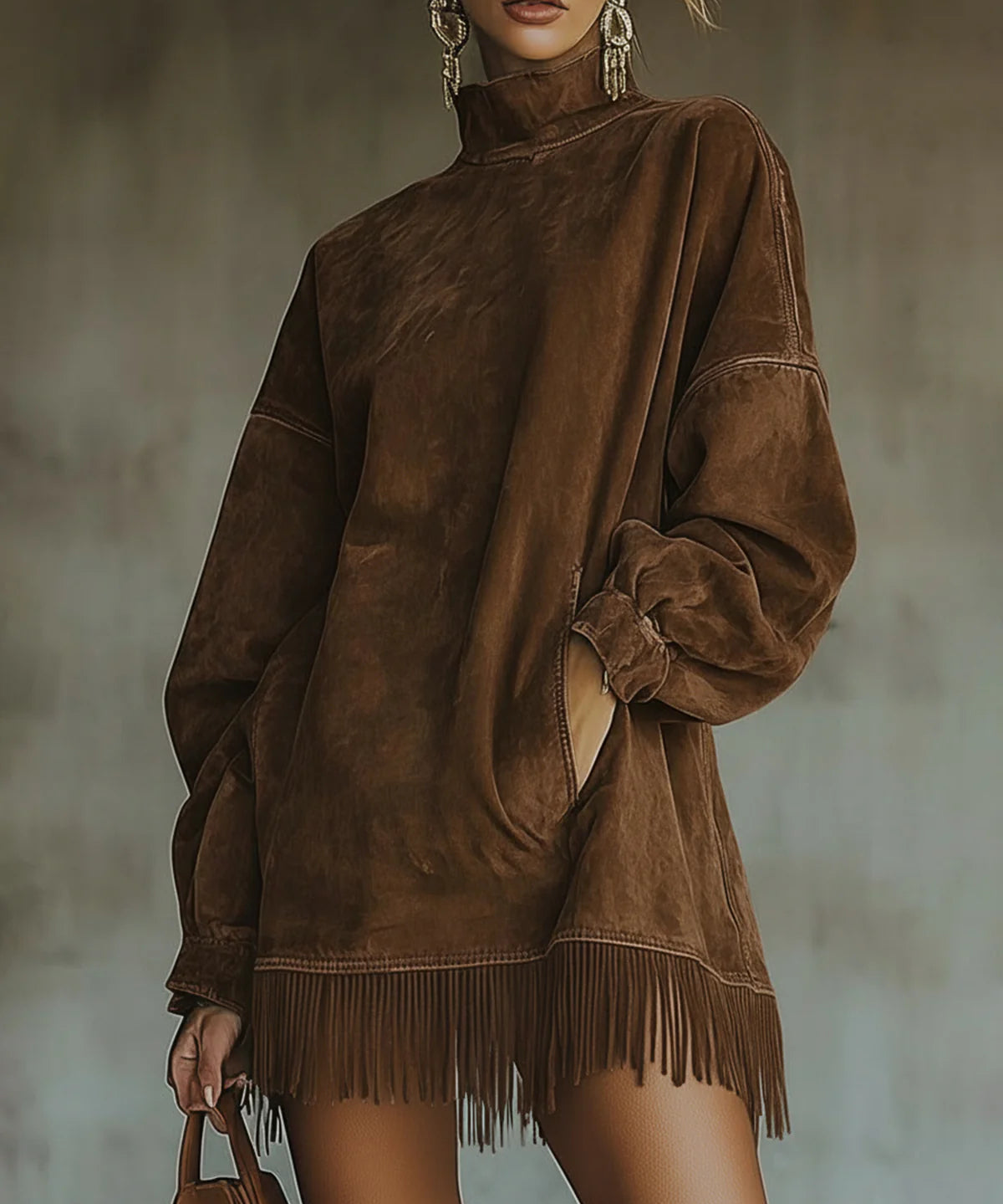 Women's Suede Dress with High Neck and Fringe in Brown