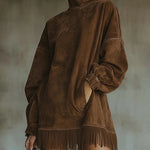 Women's Suede Dress with High Neck and Fringe in Brown