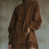 Women's Suede Dress with High Neck and Fringe in Brown