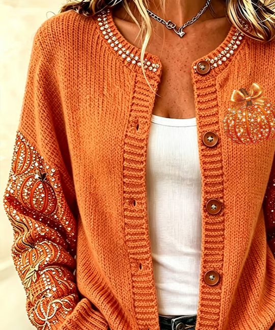 Women's Pumpkin Print Button Cardigan, photo 2