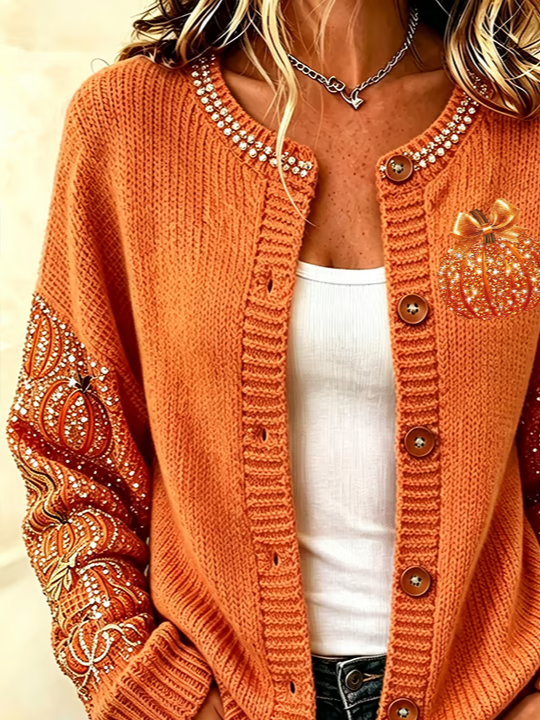 Women's Pumpkin Print Button Cardigan, photo 2