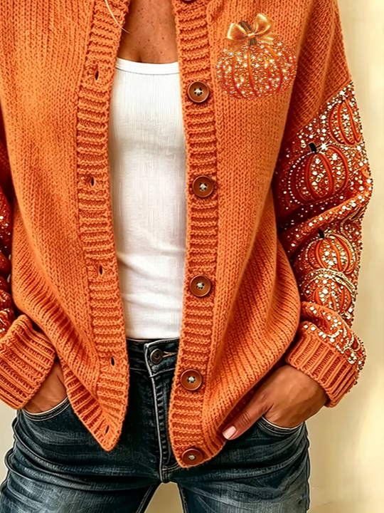 Women's Pumpkin Print Button Cardigan, photo 3