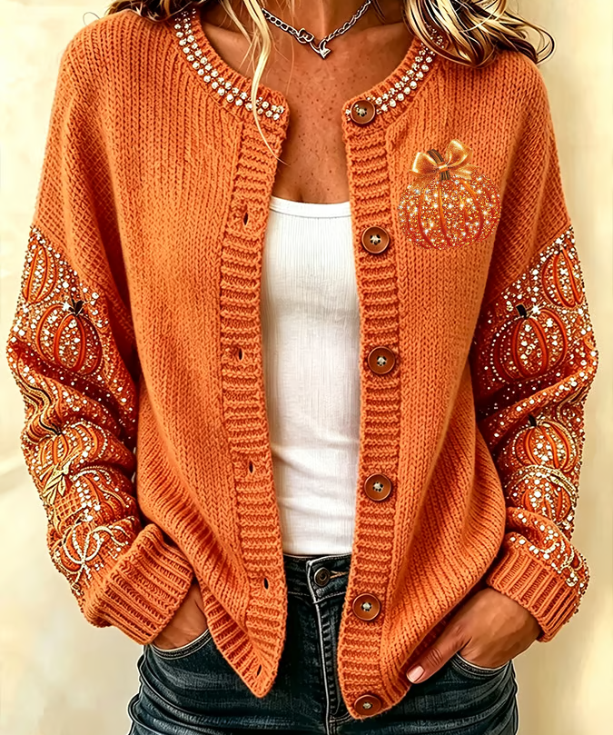 Women's Pumpkin Print Button Cardigan in Orange