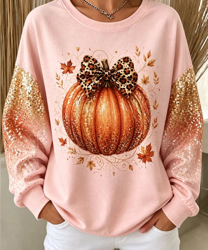 Women's Glitter Bow Pumpkin Sweatshirt in Pink