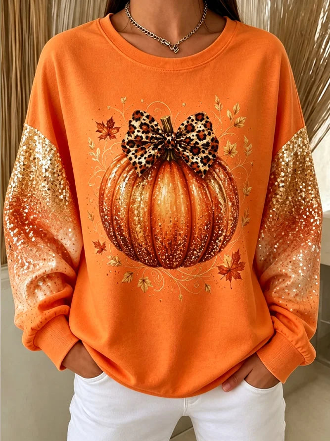 Women's Glitter Bow Pumpkin Sweatshirt in Orange