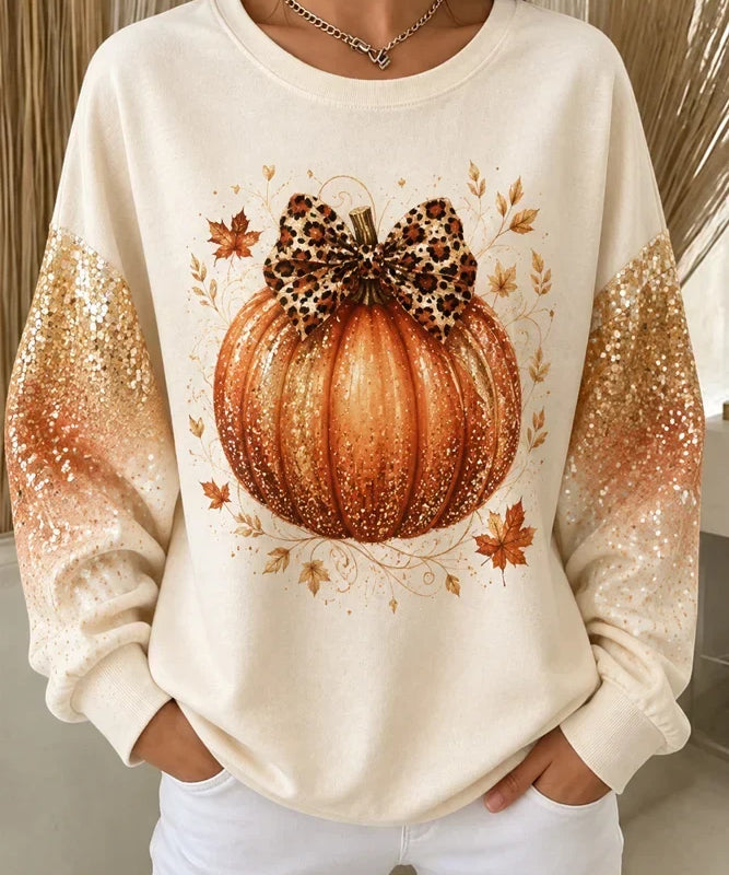 Women's Glitter Bow Pumpkin Sweatshirt in Apricot