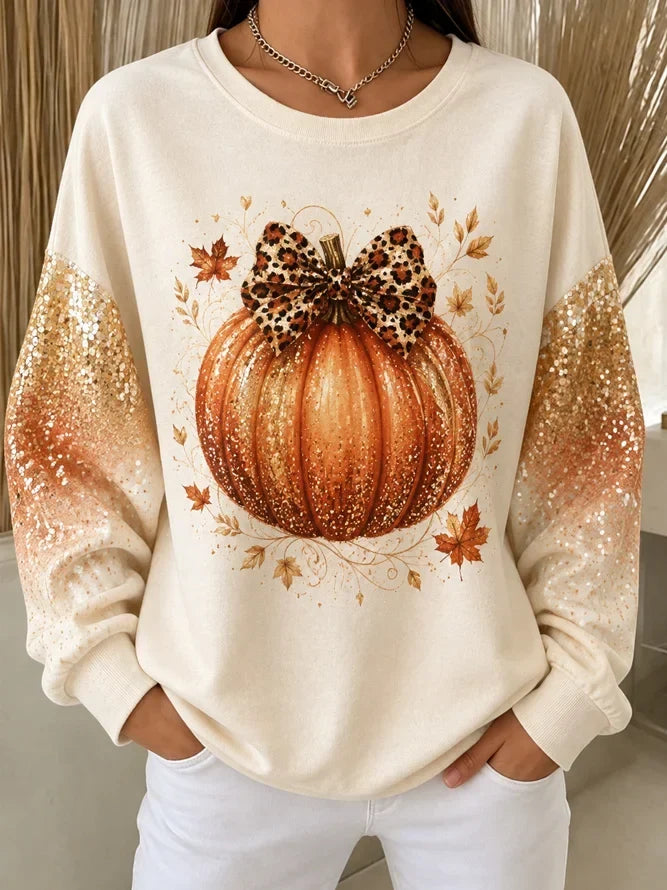 Women's Glitter Bow Pumpkin Sweatshirt in Apricot