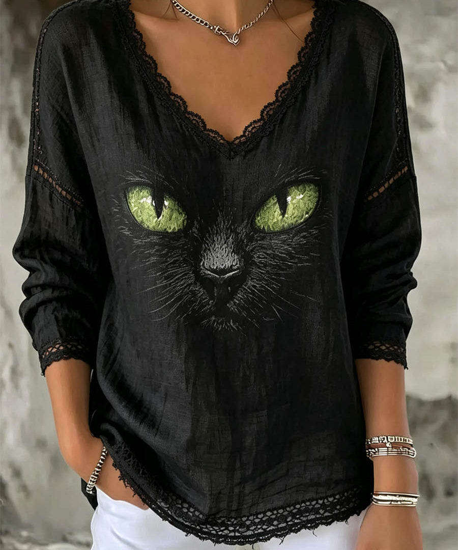 Women's Black Cat Lace Blouse