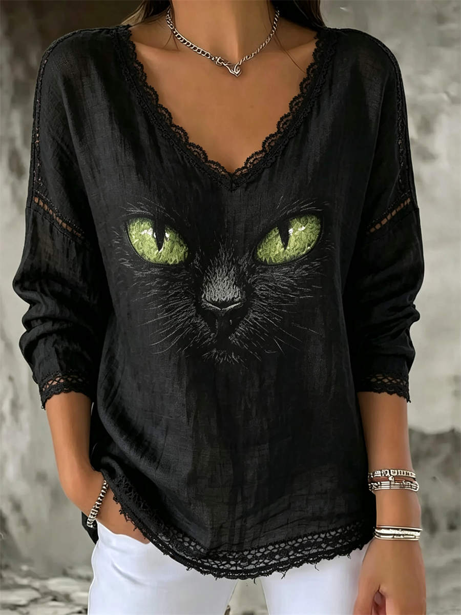Women's Black Cat Lace Blouse