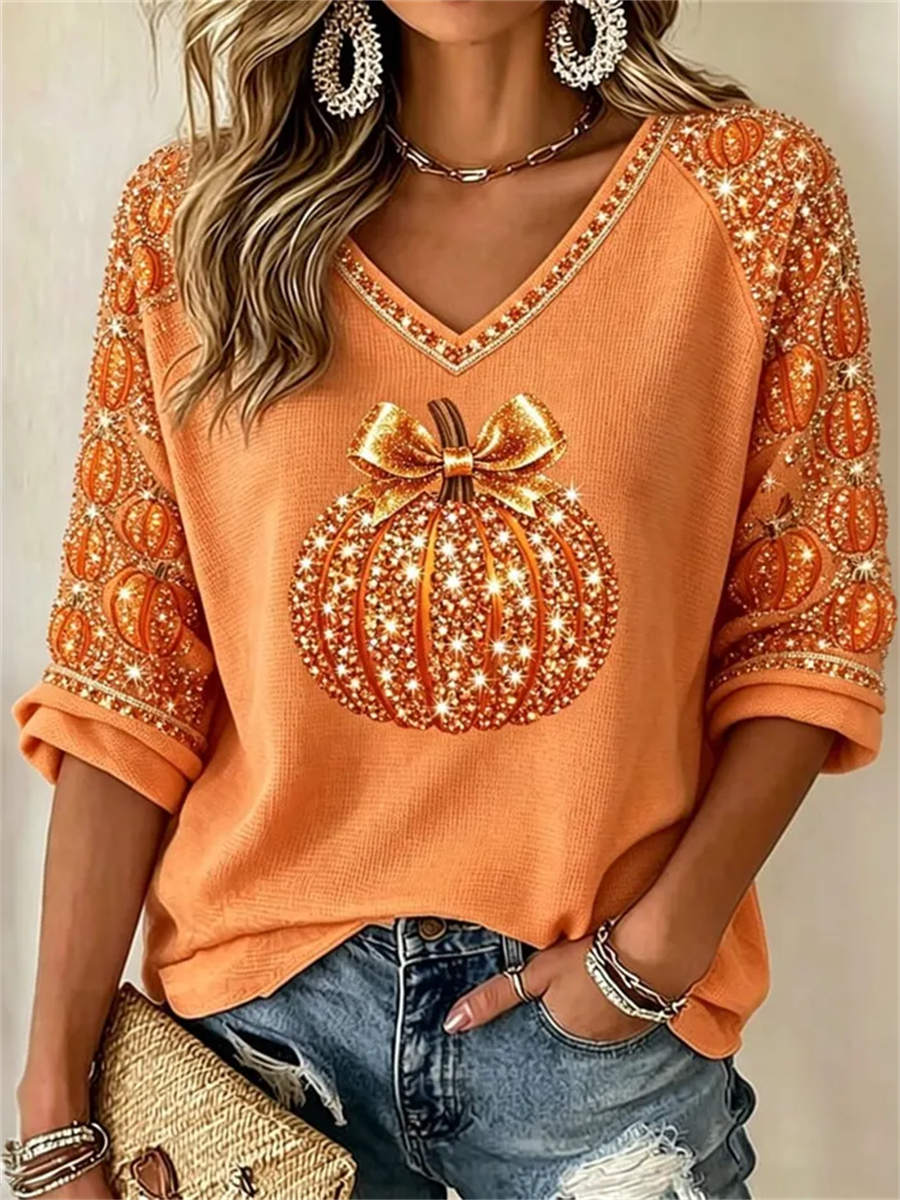 Women's Bow Pumpkin V-Neck Blouse in Orange