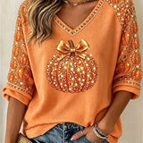 Women's Bow Pumpkin V-Neck Blouse in Orange