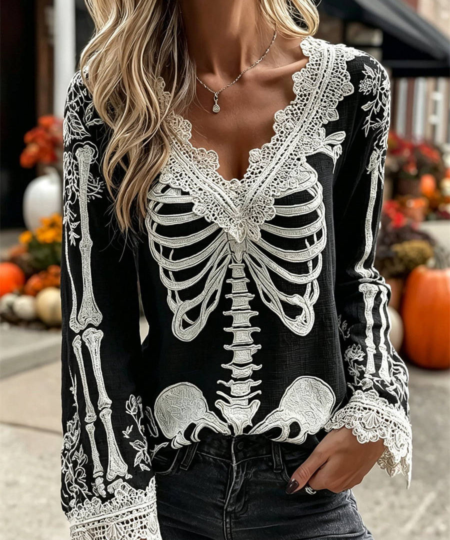 Women's Skeleton Floral Lace Blouse in Black