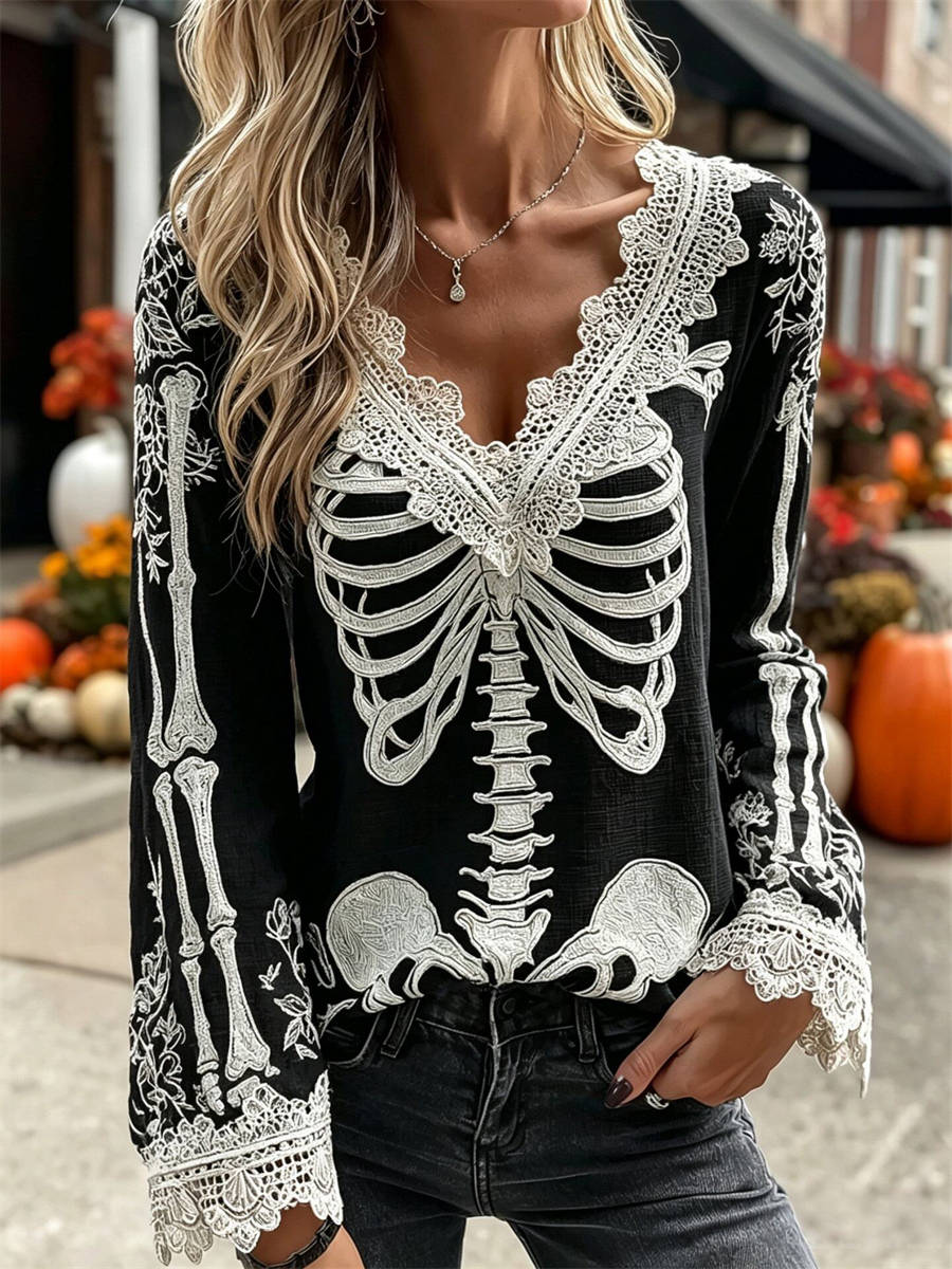 Women's Skeleton Floral Lace Blouse in Black