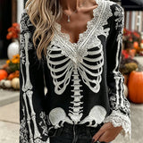 Women's Skeleton Floral Lace Blouse in Black