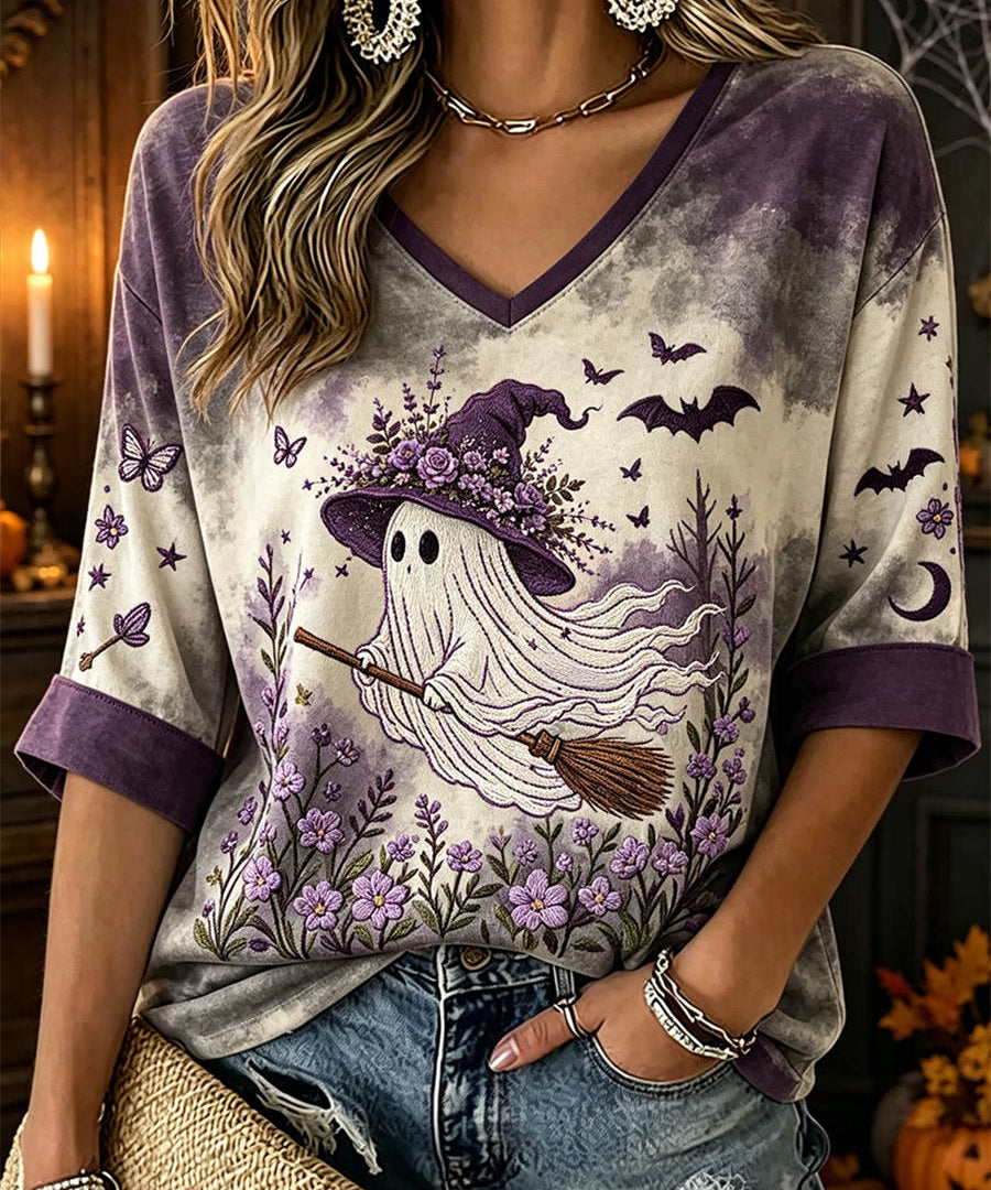 Women's Ghost Witch Floral Blouse in Purple