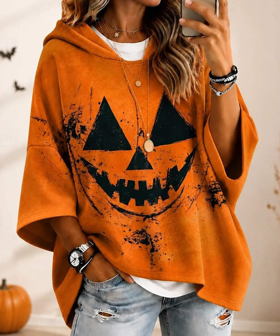 Women's Pumpkin Face 3/4-Sleeve Hoodie in Orange