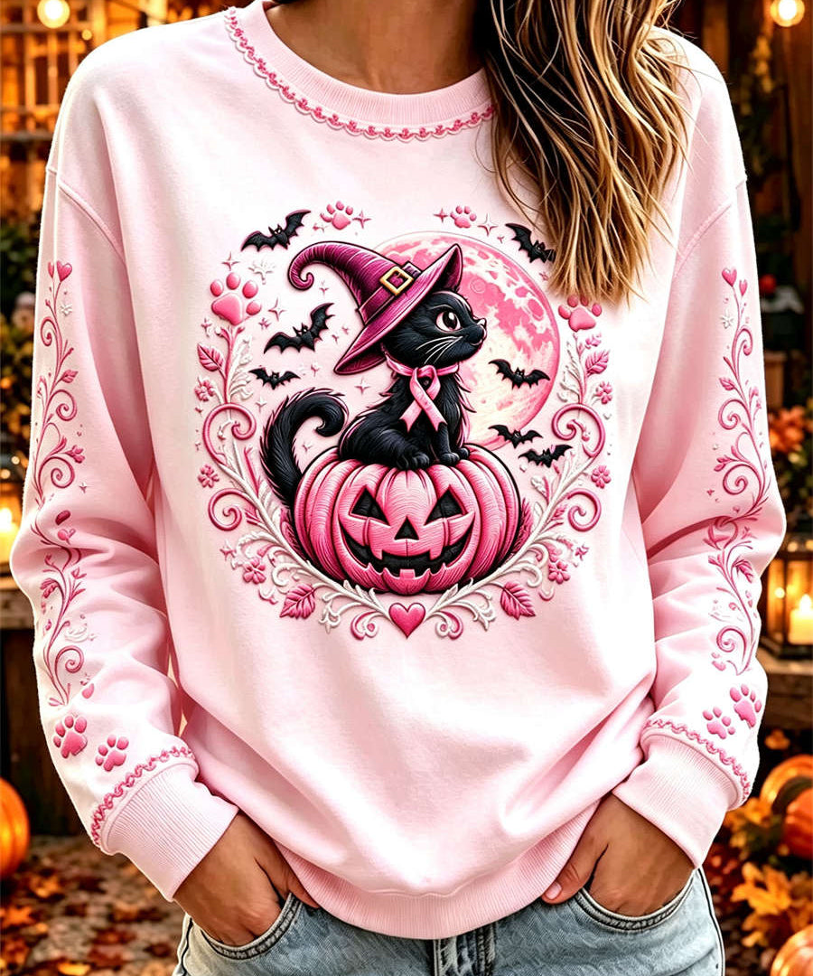 Women's Pink Black Cat Pumpkin Sweatshirt