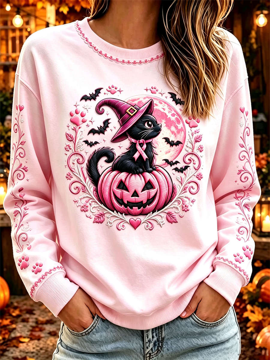Women's Pink Black Cat Pumpkin Sweatshirt
