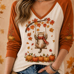 Women's Cat Pumpkin Raglan Top in Orange White