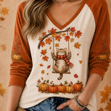 Women's Cat Pumpkin Raglan Top in Orange White