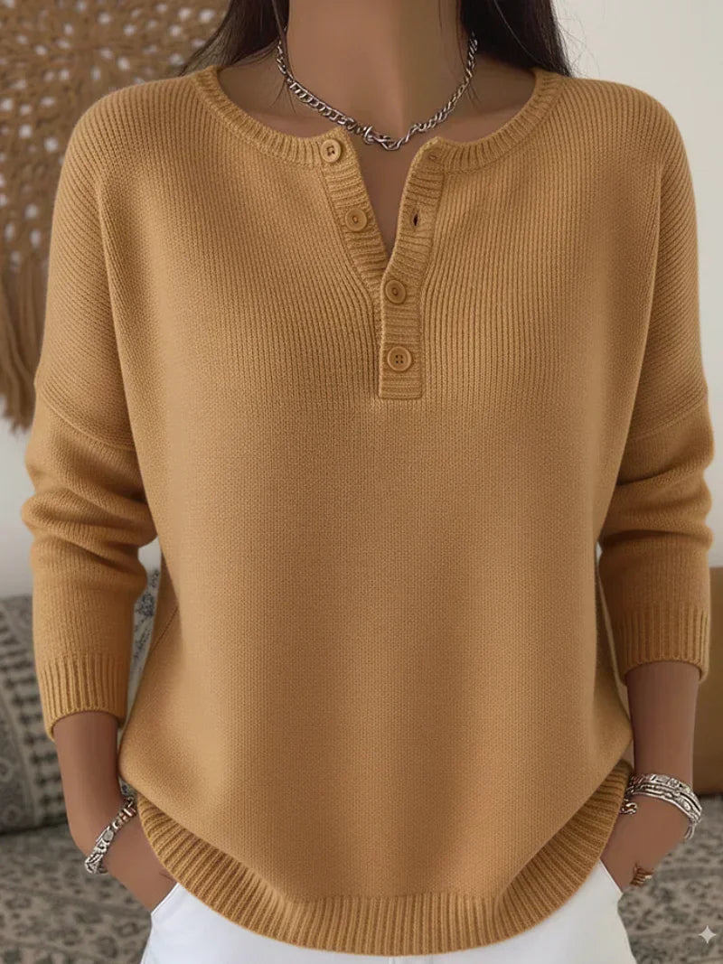 Women's Henley Button-Up Knit Sweater in Camel