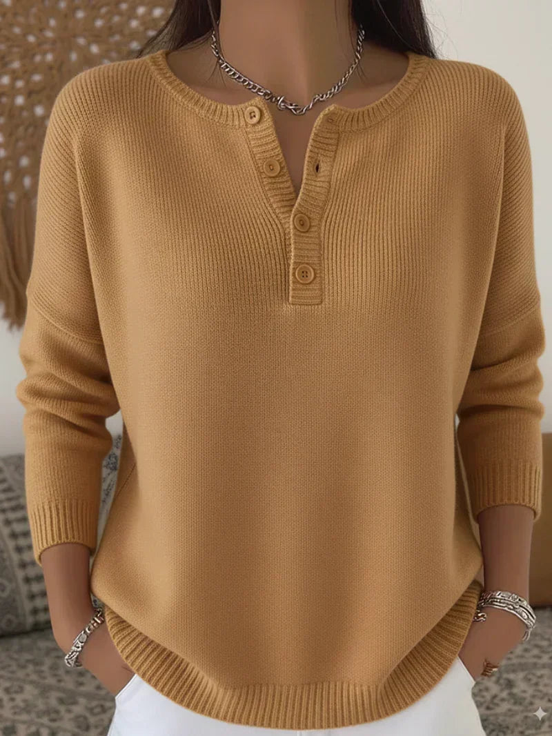 Women's Henley Button Knit Sweater in Camel