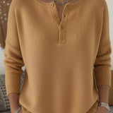 Women's Henley Button Knit Sweater in Camel