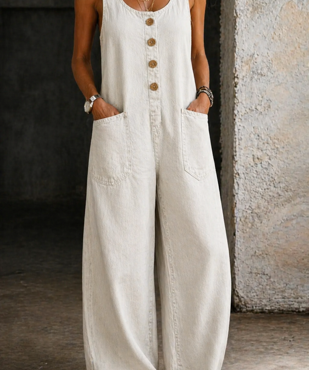Women's Vintage-Wash Cotton Denim Overalls in White