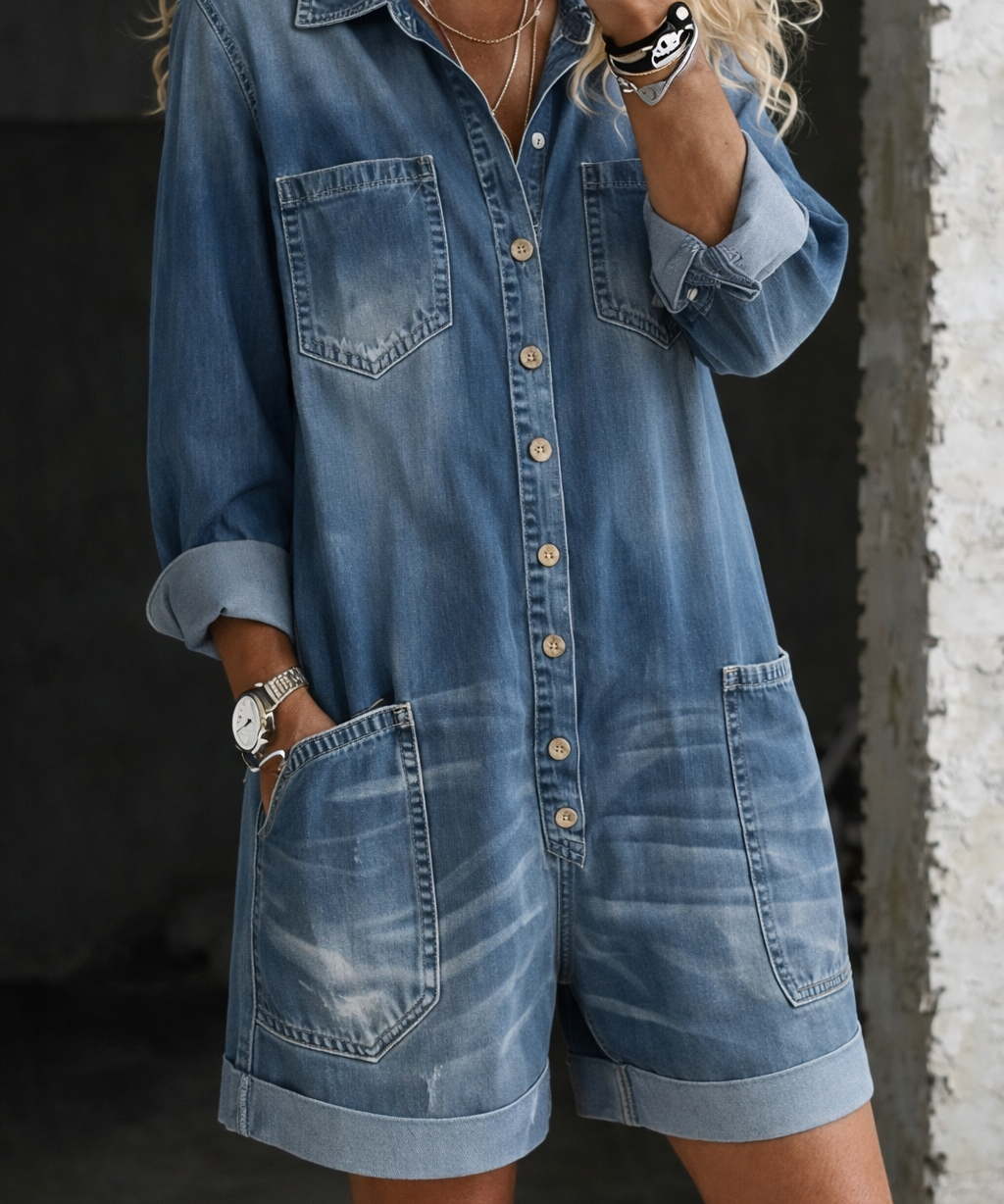 Women's Casual Denim Romper in Blue