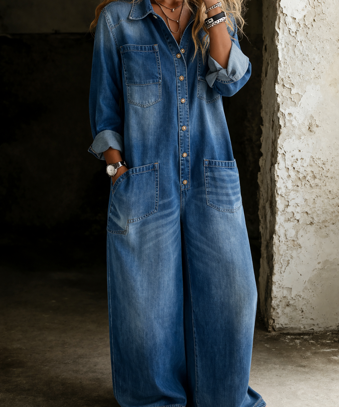 Jillian Relaxed Denim Jumpsuit in Blue