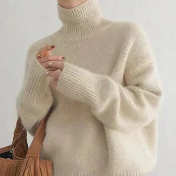 Dorothea Cable-Knit Turtleneck Sweater in Beige