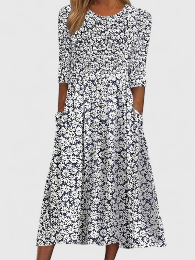 Violethia Elegant Midi Dress in White Blue