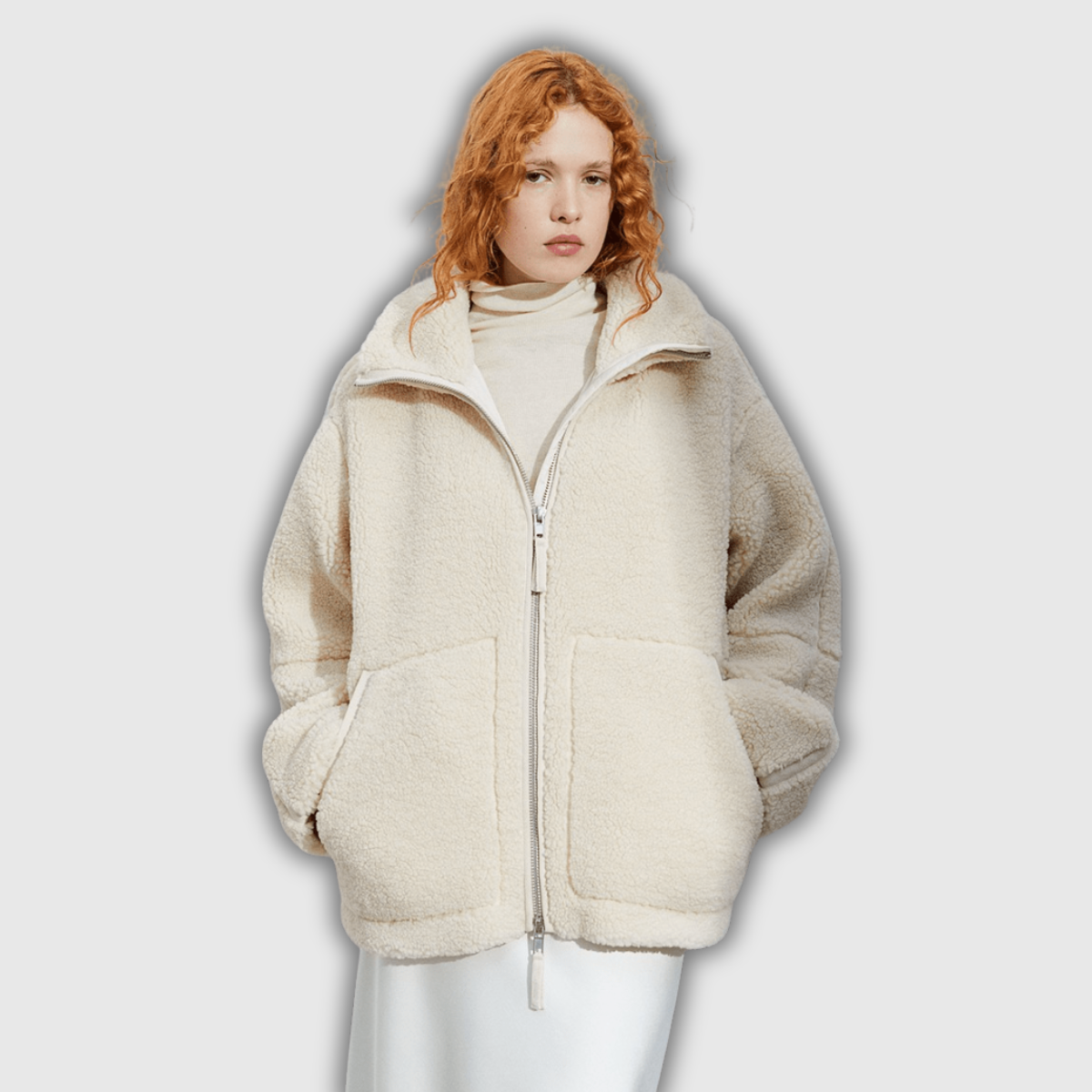 Oversized Teddy Jacket with Stand Collar in Ivory