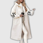 Women's Long Hooded Jacket with Knit Sleeves in White