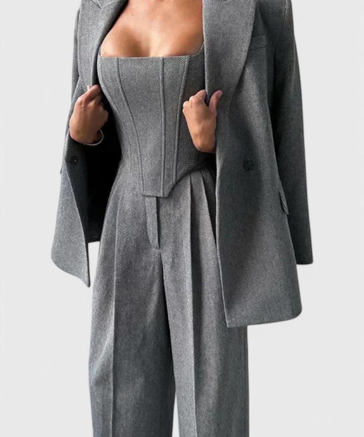Three-Piece Suit Ensemble Featuring a Tailored Corset in Gray