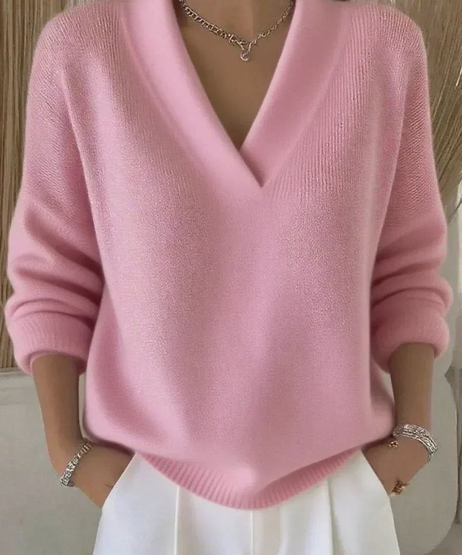 Linda Relaxed V-Neck Sweater in Pink