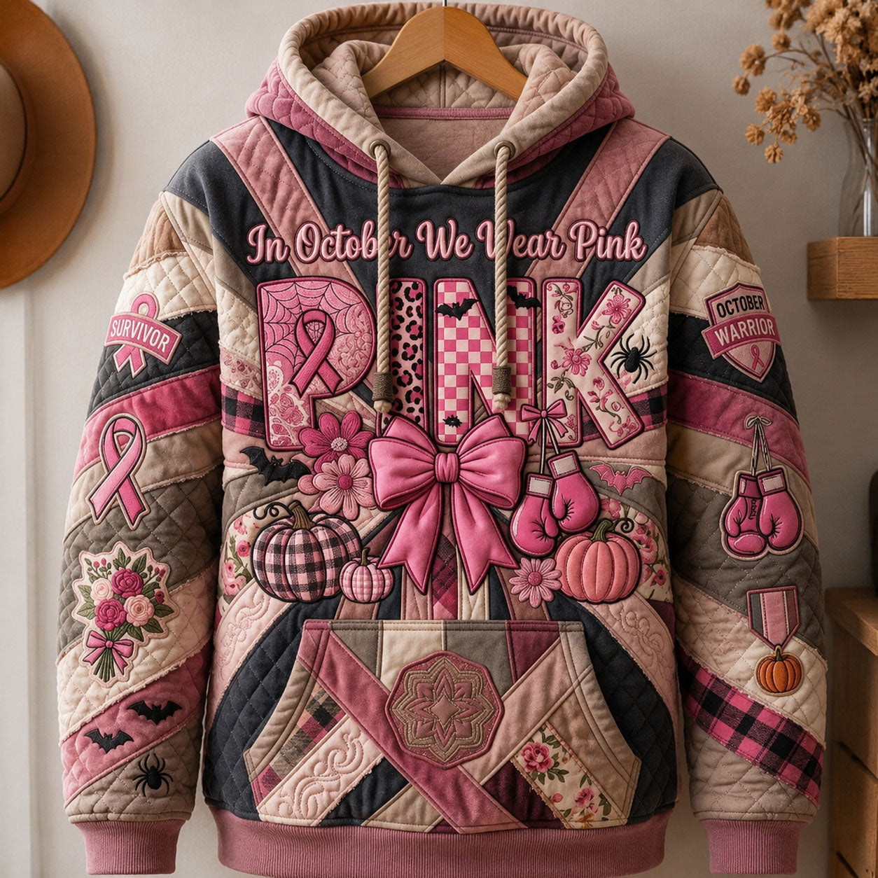 Pink Bow Pumpkin Quilt Hoodie